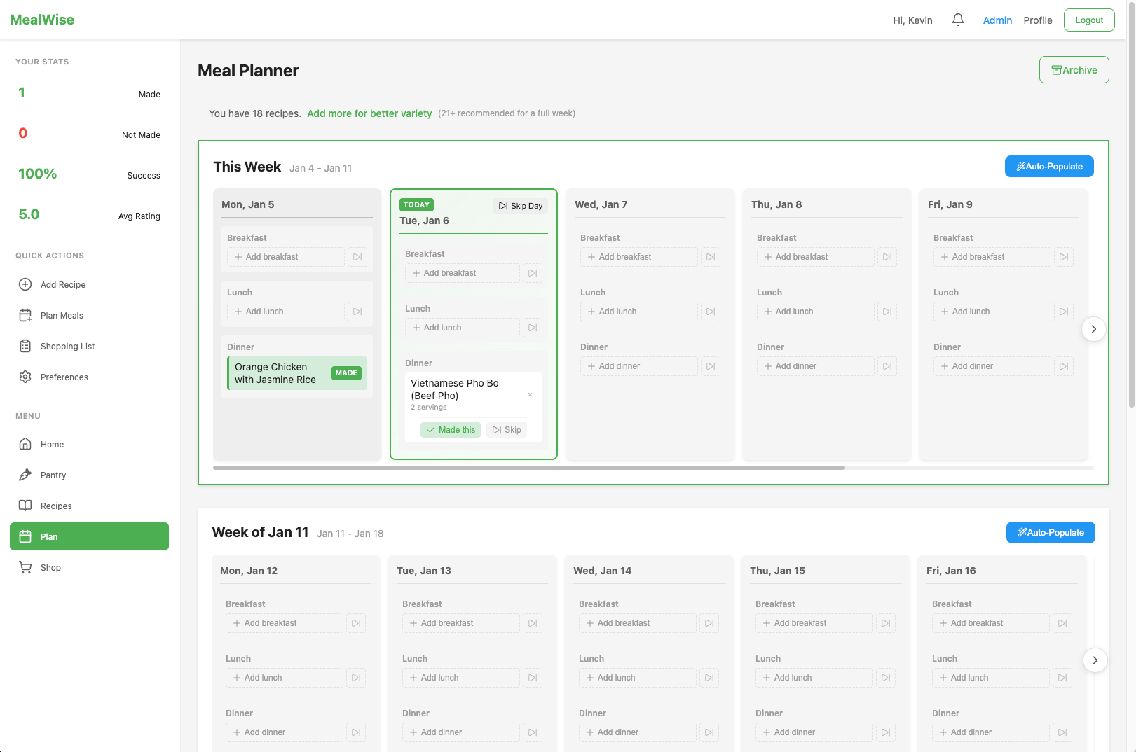MealWise weekly meal calendar view